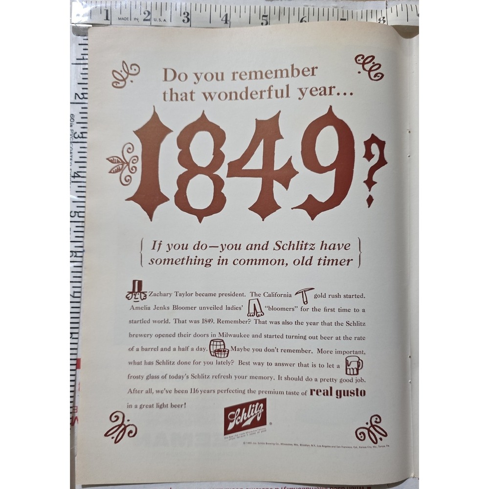 Vintage‎ 1964 Schlitz Beer Advertisement 1849 History Retro Ad Print